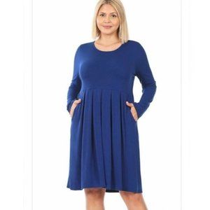 Blue Long Sleeve Pocket Pleated Mini Dress